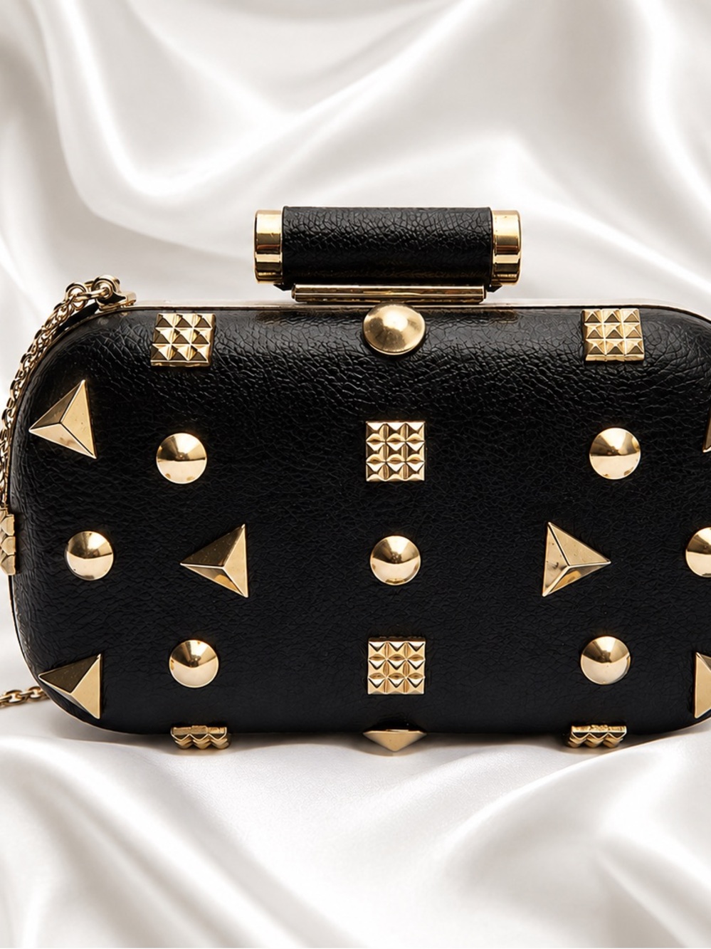 Vintage Black Leather Studded Clutch – Early 1980s – Handmade – Gold Metal Rivet